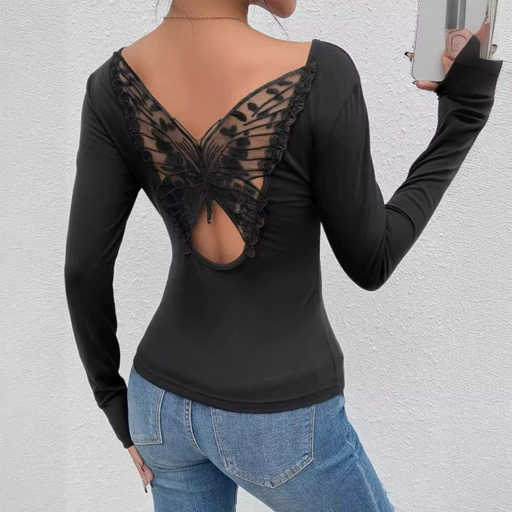 ZARA Womens Spring Autumn Backless Lace Butterfly Hollow Out Sexy Top Blouse